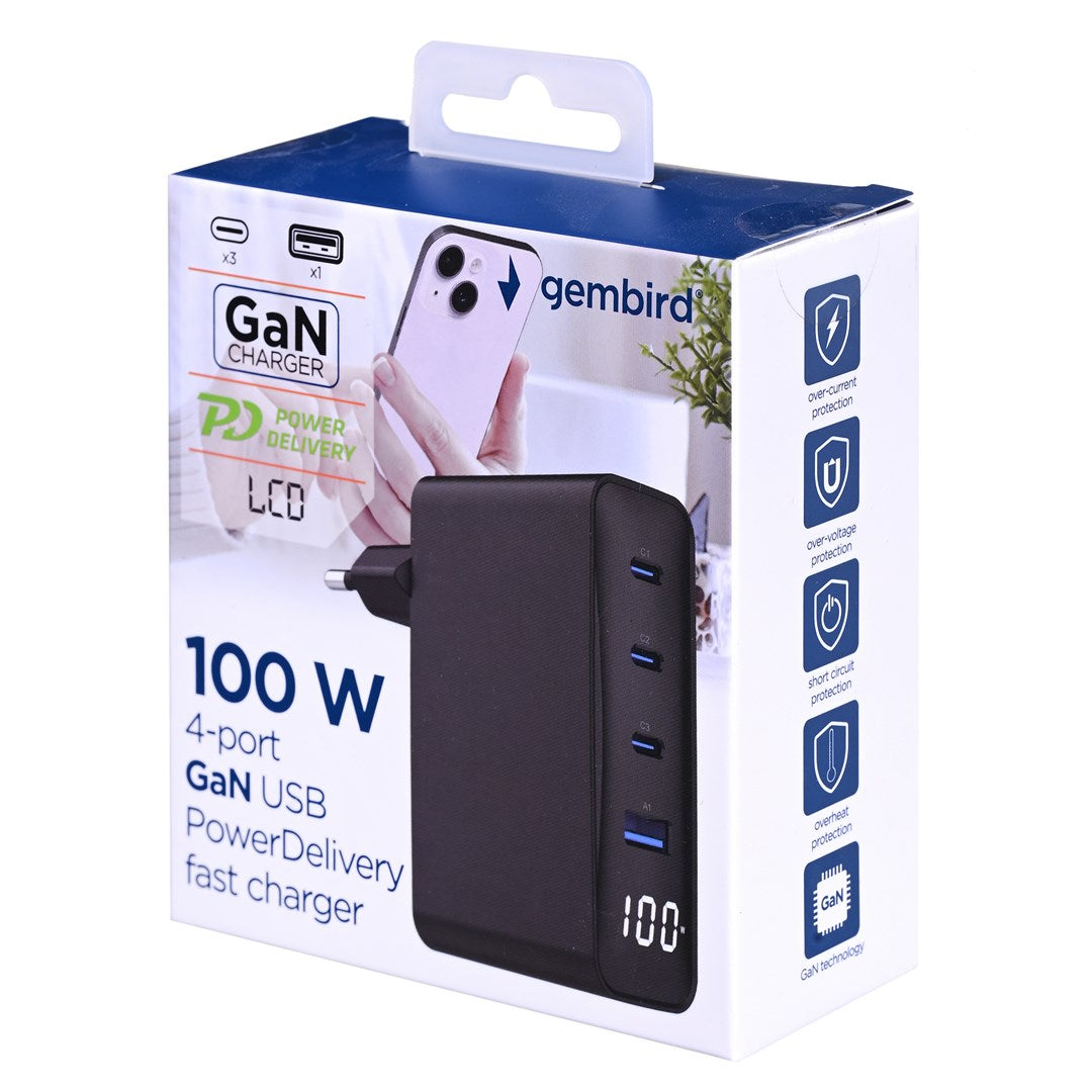 Packaging of a black 100W 4-port GaN USB charger with LCD display.