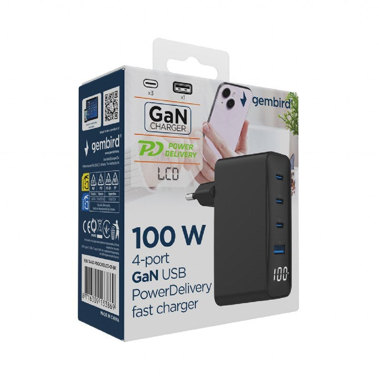 Gembird 100W GaN USB charger with 4 ports and LCD display.