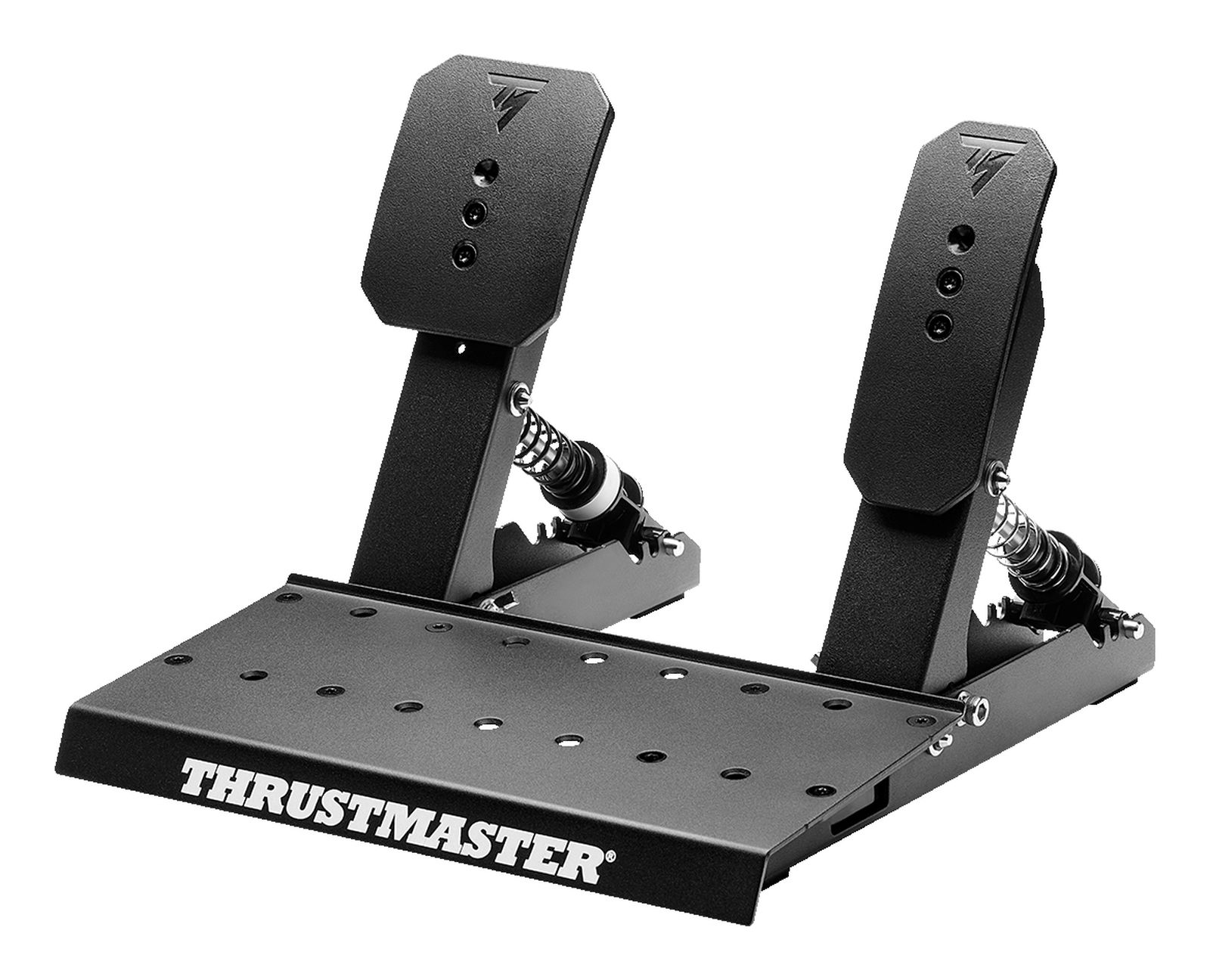 Pedali da corsa Thrustmaster neri con base in metallo e poggiapiedi testurizzati.