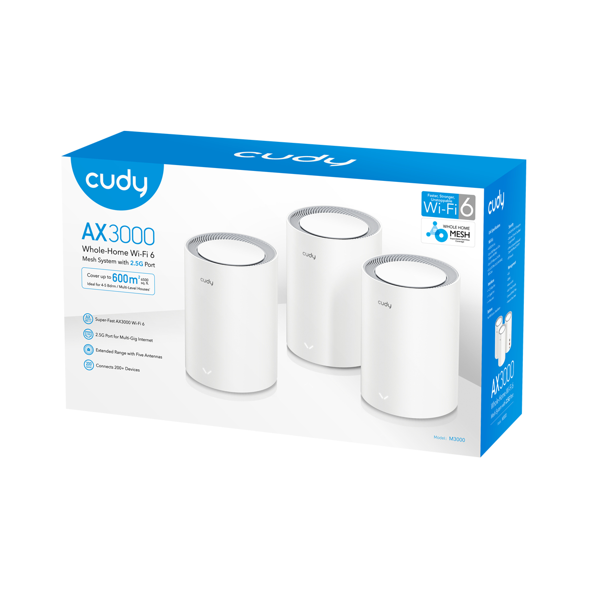 Packung mit drei weißen Cudy AX3000 Mesh-System-Einheiten für ein ganzes Zuhause.
