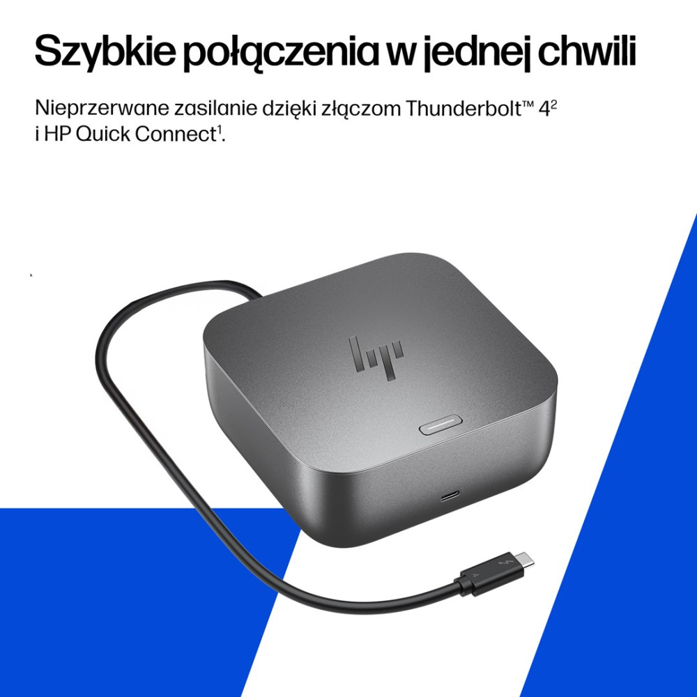 Un dock HP Thunderbolt grigio con cavo e connettore USB-C su una superficie blu e bianca.