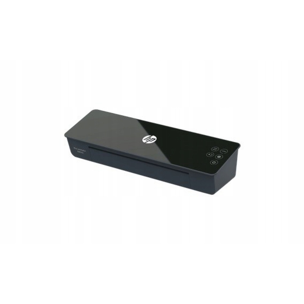 Schwarzer HP Laminator mit Bedienfeld und HP Logo.