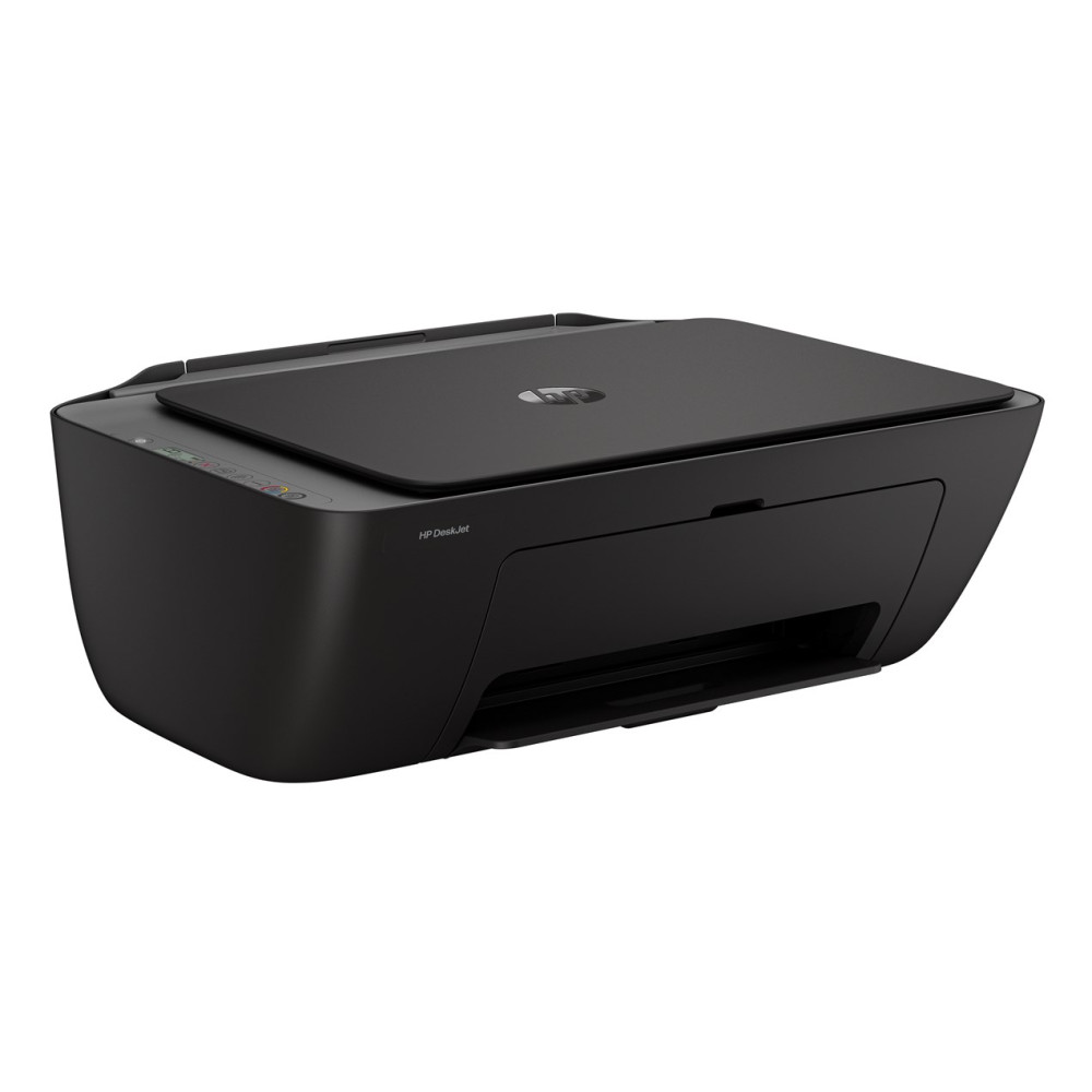 Czarna drukarka HP DeskJet na białym tle.