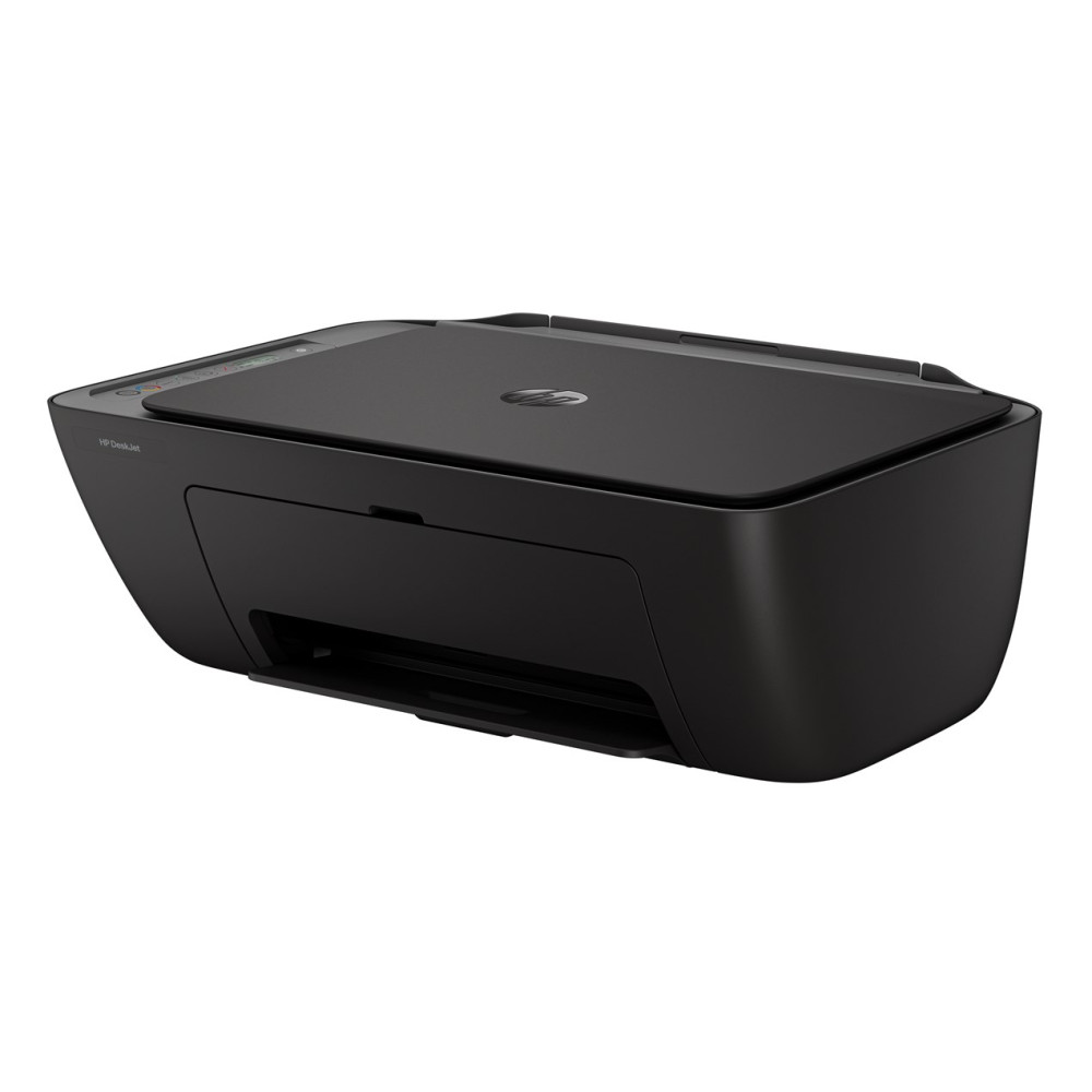 Czarna drukarka HP DeskJet na białym tle.