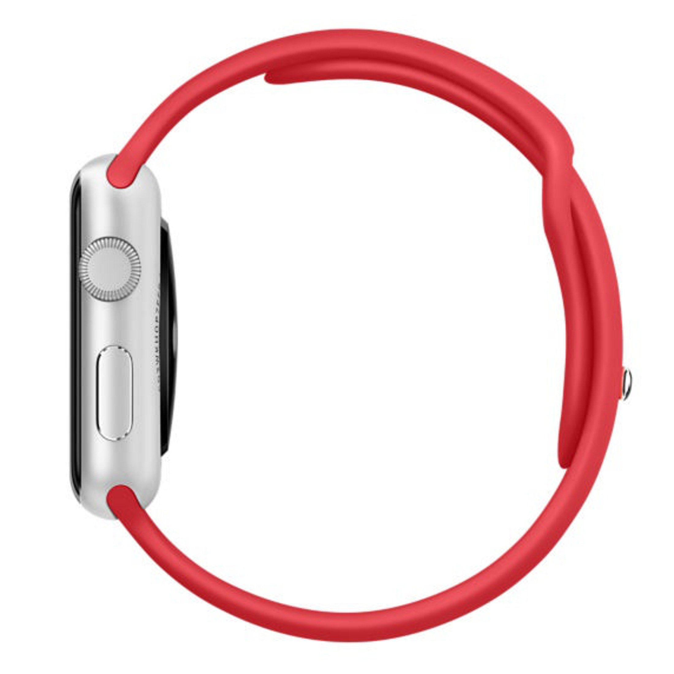 Uno smartwatch argentato con cinturino rosso, visto di lato.