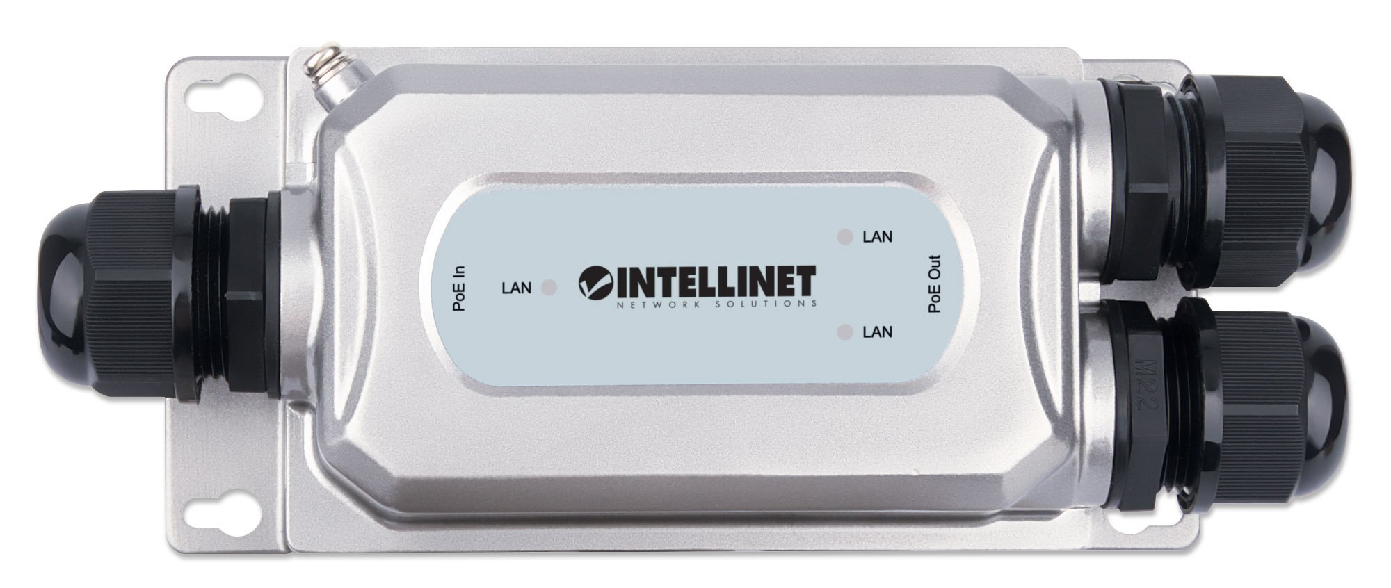Srebrne urządzenie sieciowe z portami PoE In i LAN Out.