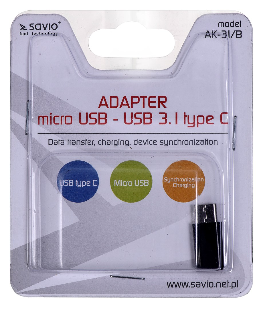 Adapter Savio micro USB na USB 3.1 Type C w opakowaniu. Pokazuje adapter, ikony USB C, Micro USB, ładowanie.