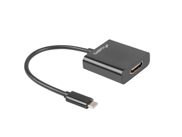 Un adattatore USB-C a HDMI nero con cavo curvo.
