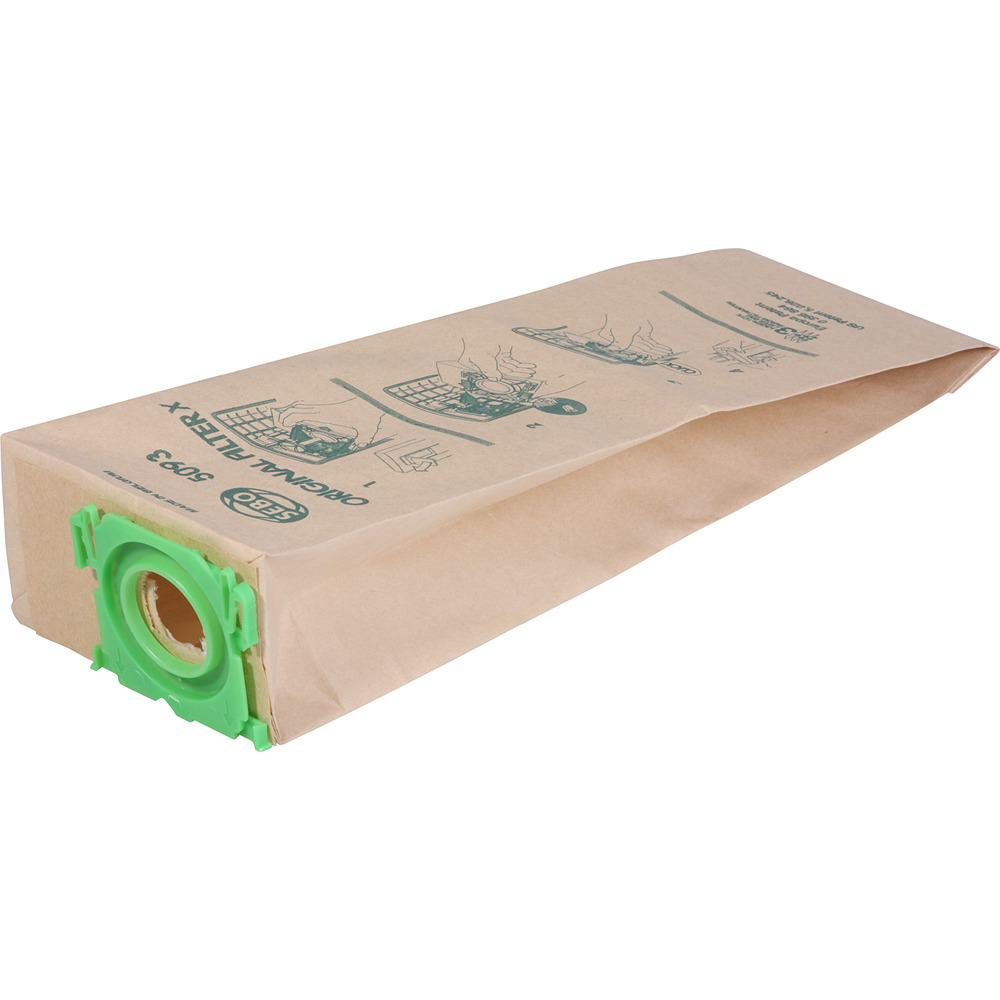 Braune Papierstaubsaugerbeutel mit grüner Kunststoffpassung und Anleitungsdruck.
