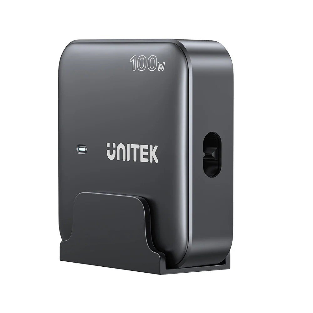Alimentatore Unitek nero da 100W su un supporto, scritta bianca.
