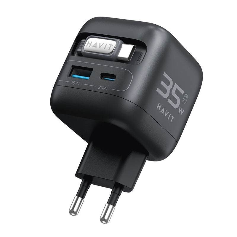 Czarna ładowarka Havit 35W USB-C z dwoma portami i składaną wtyczką.