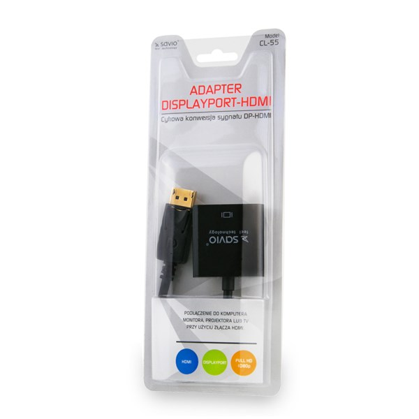Adaptador Savio Displayport-HDMI, modelo CL-55, en embalaje.