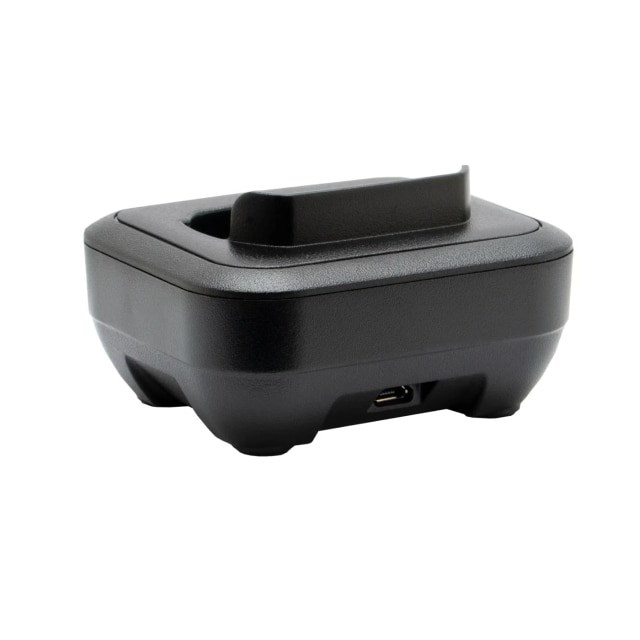 A black charging dock with a USB port on the back.