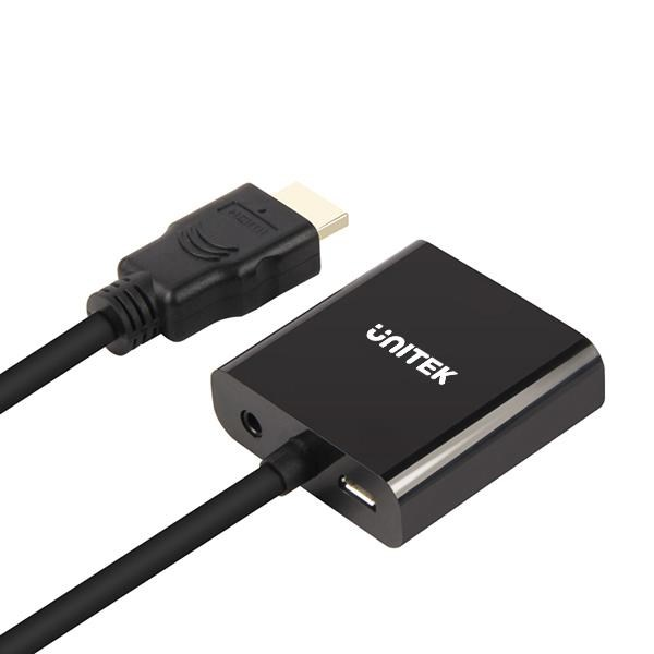 Czarny adapter HDMI z portem USB i gniazdem audio.