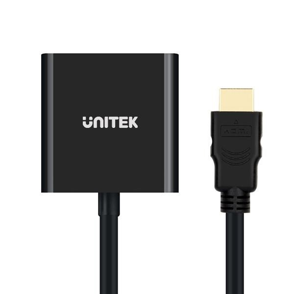Czarny adapter Unitek z kablem HDMI na białym tle.