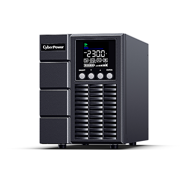 Czarny zasilacz awaryjny CyberPower z cyfrowym wyświetlaczem pokazującym 230,0V wyjścia.