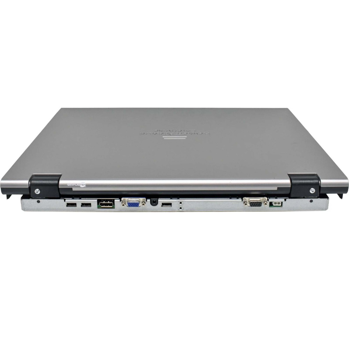 Silberner Laptop mit Anschlussseite nach unten, zeigt USB-, HDMI- und VGA-Ports.