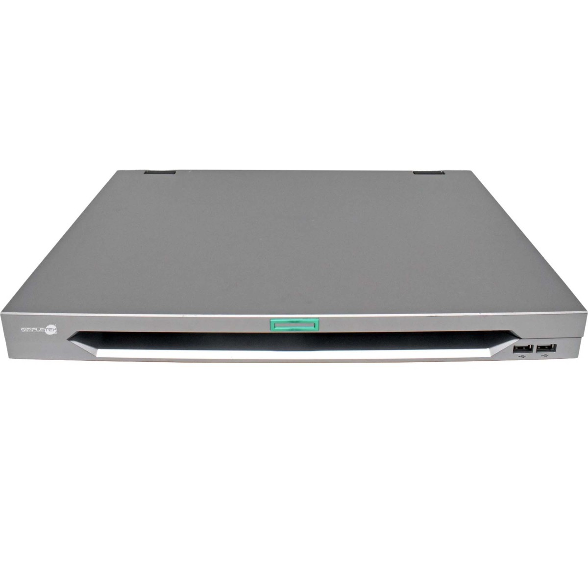 Graues Laptops-ähnliches Gerät mit USB-Anschlüssen und blauem Logo.