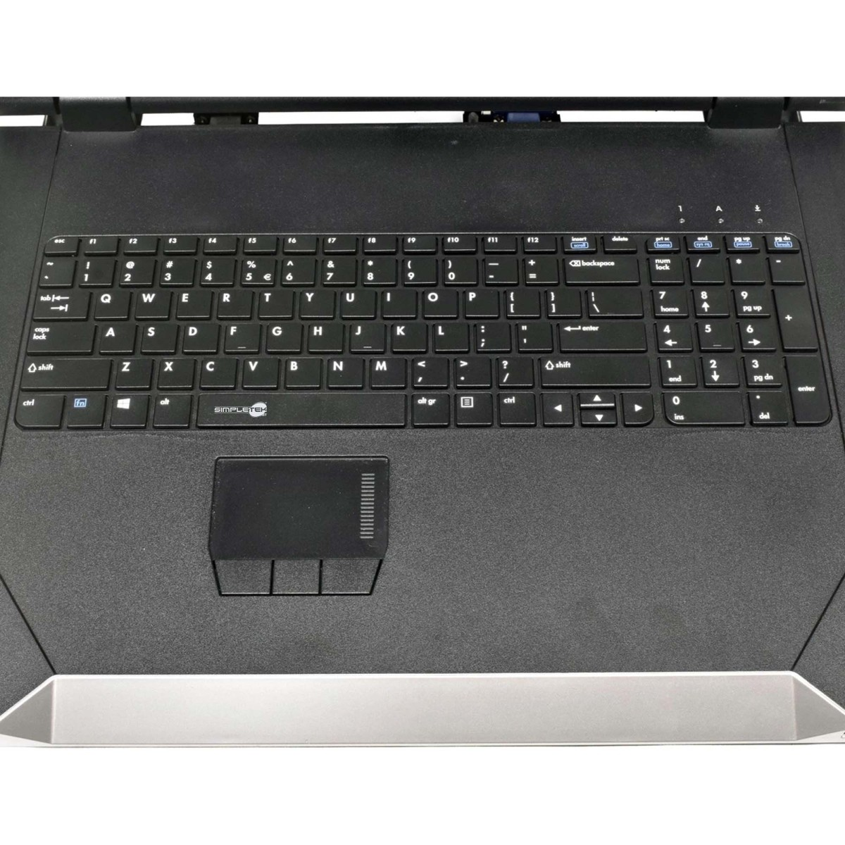 Eine Nahaufnahme einer schwarzen Laptop-Tastatur mit Touchpad.