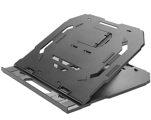 Un support d'ordinateur portable pliable gris avec découpes géométriques et logo Lenovo.