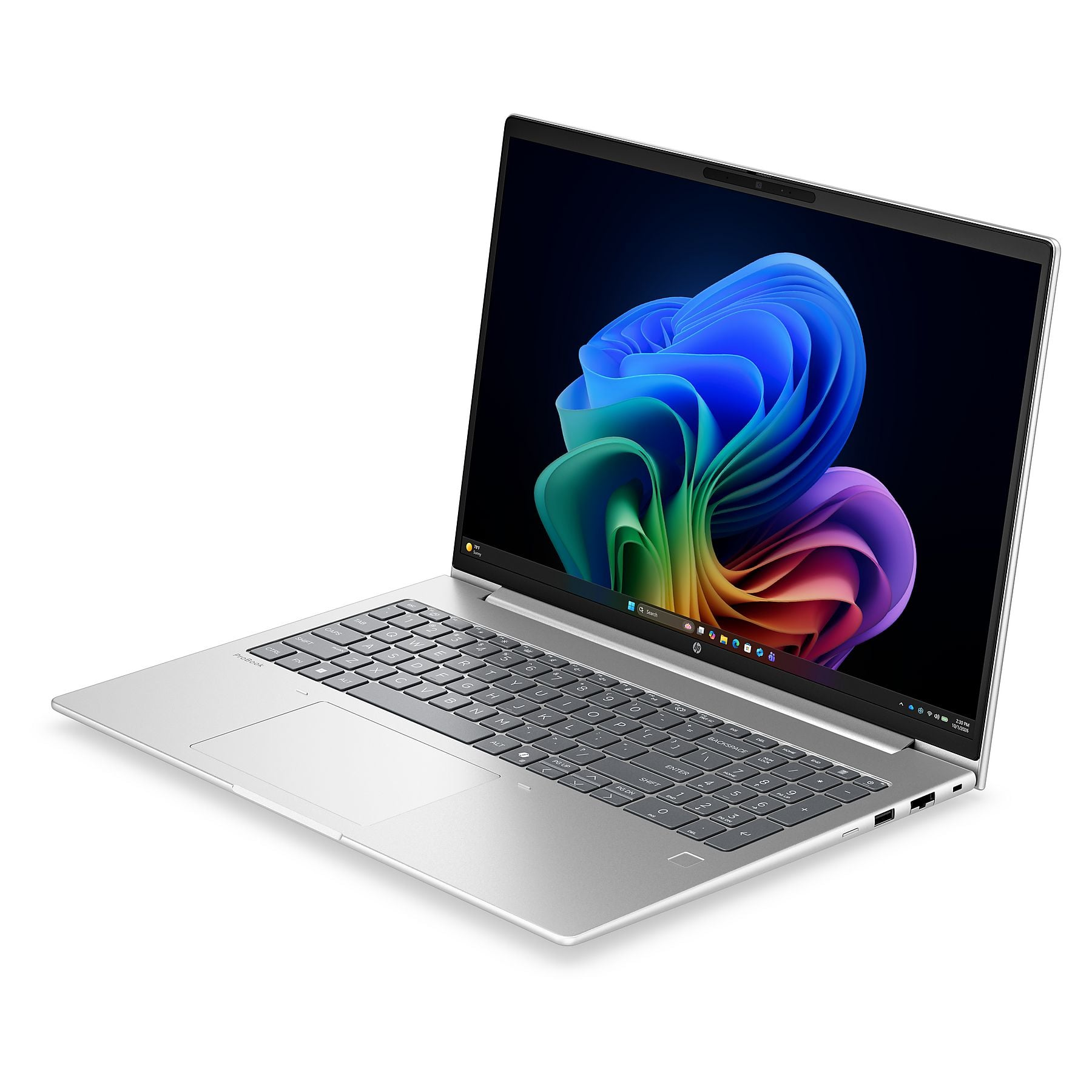 Un laptop argentato che mostra uno sfondo colorato sullo schermo.