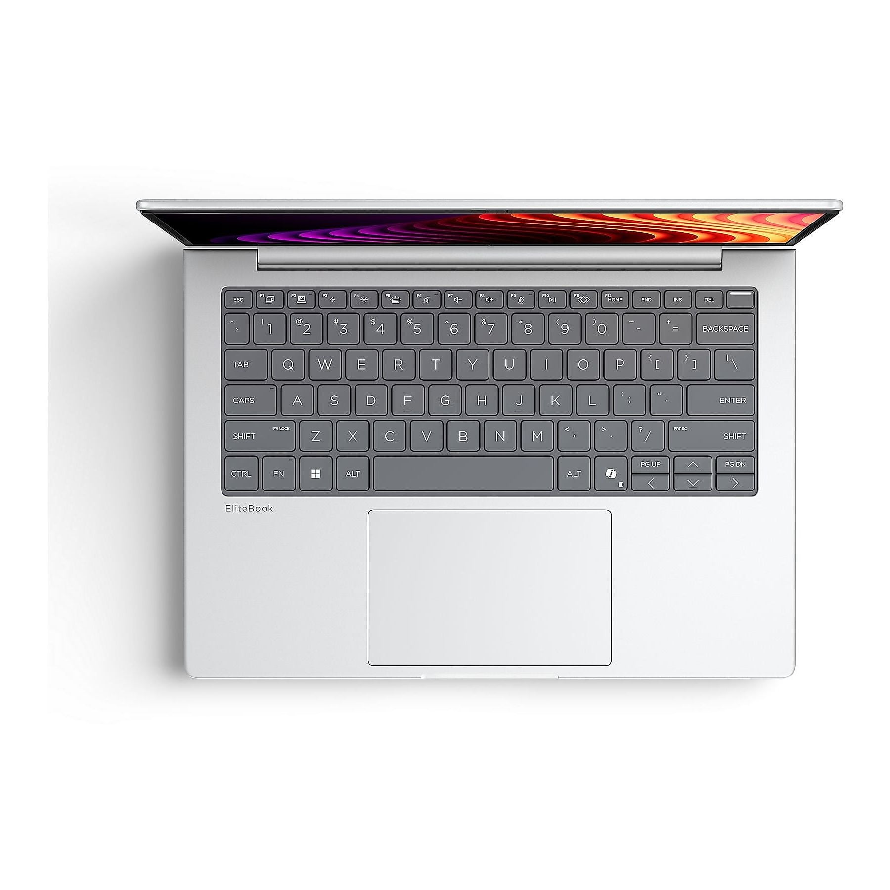 Un laptop EliteBook argento aperto, che mostra la tastiera e il touchpad.