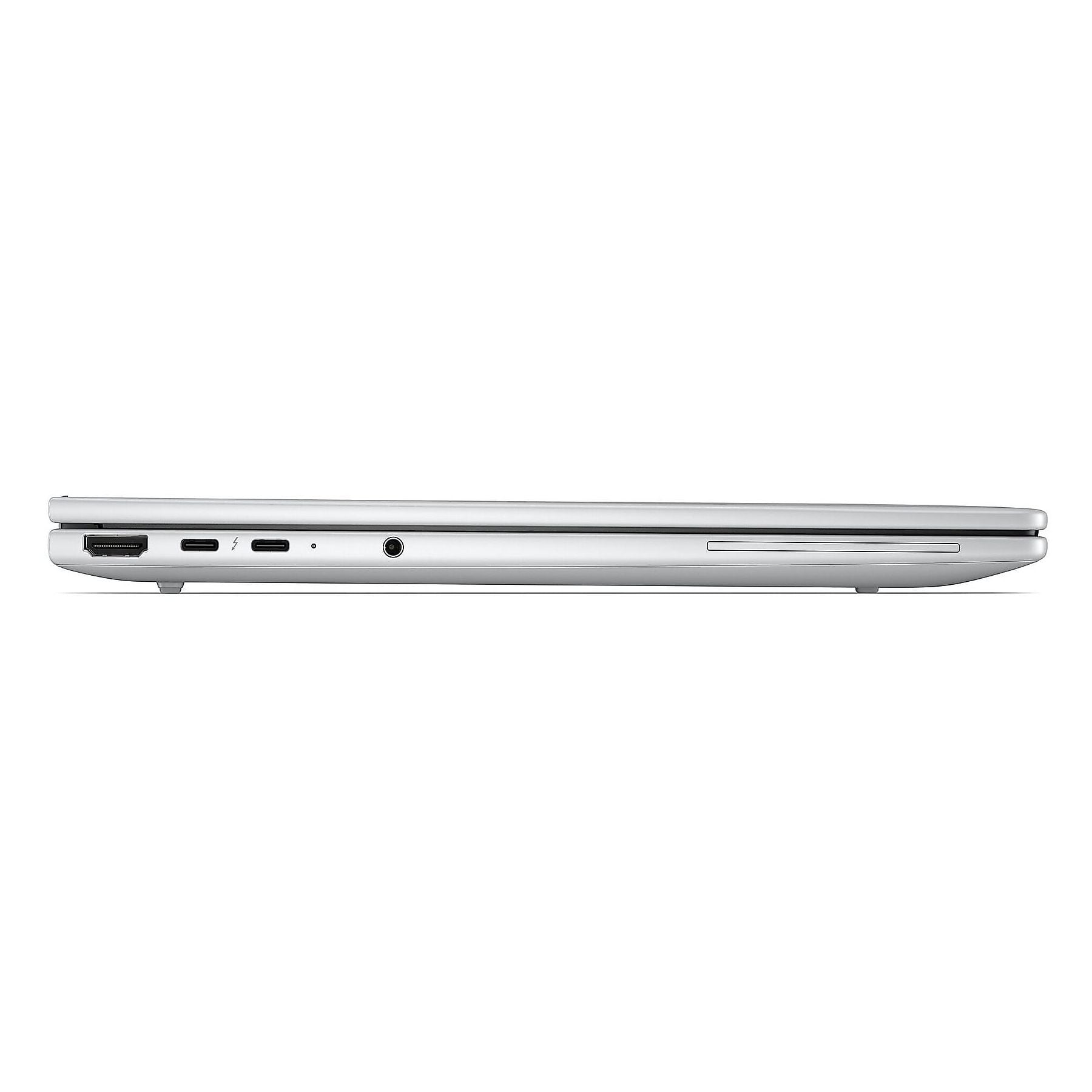 Lato di un laptop argentato che mostra le porte: HDMI, Thunderbolt, USB-C, jack cuffie.
