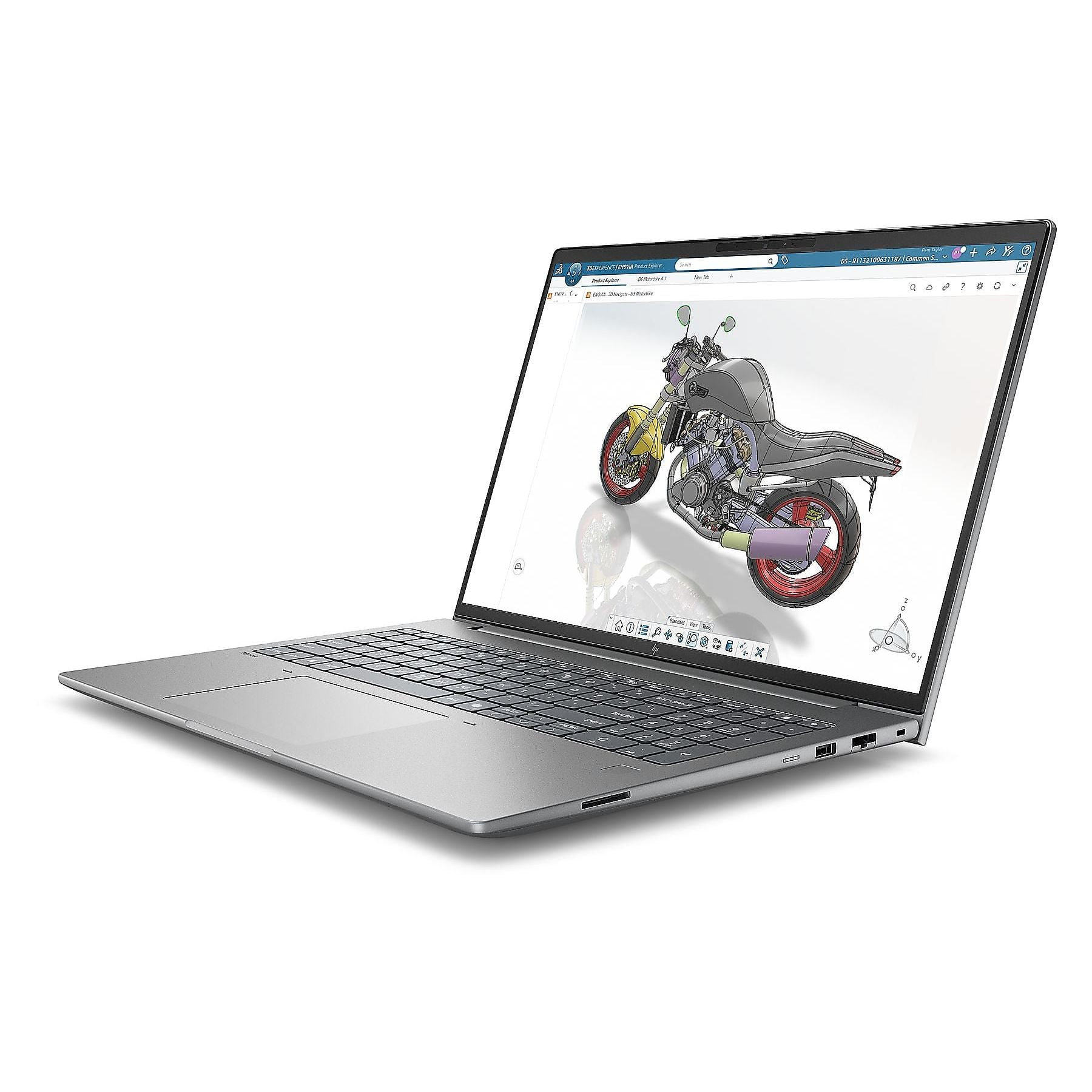 Un laptop mostra un modello 3D di una moto con serbatoio giallo e ruote rosse.