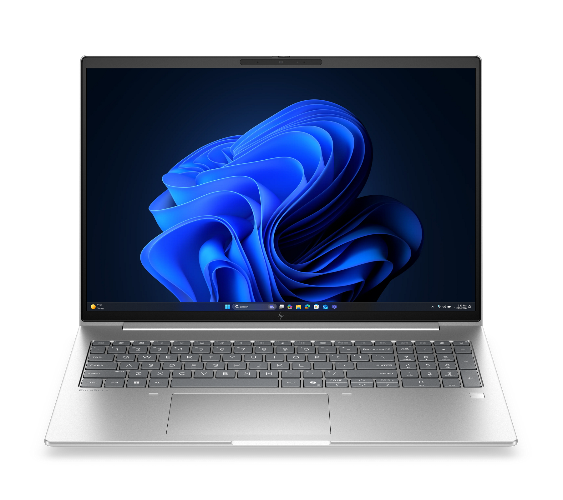 Un laptop HP EliteBook argentato è aperto, mostrando uno sfondo astratto blu sullo schermo.