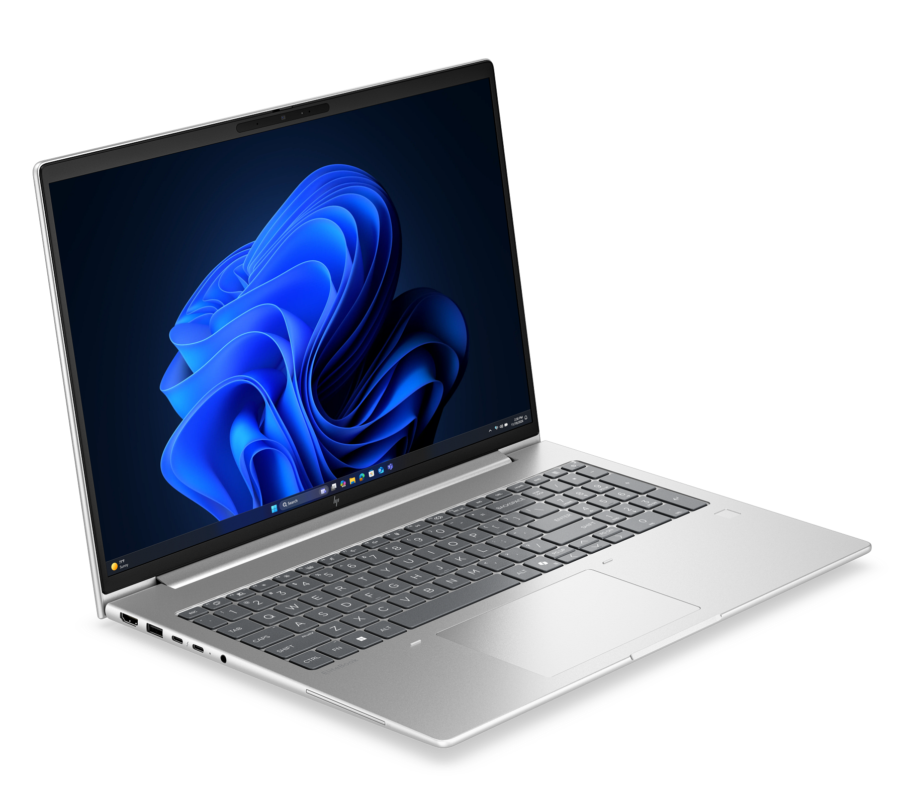 Un laptop HP EliteBook argentato è aperto, mostra uno sfondo astratto blu sullo schermo.