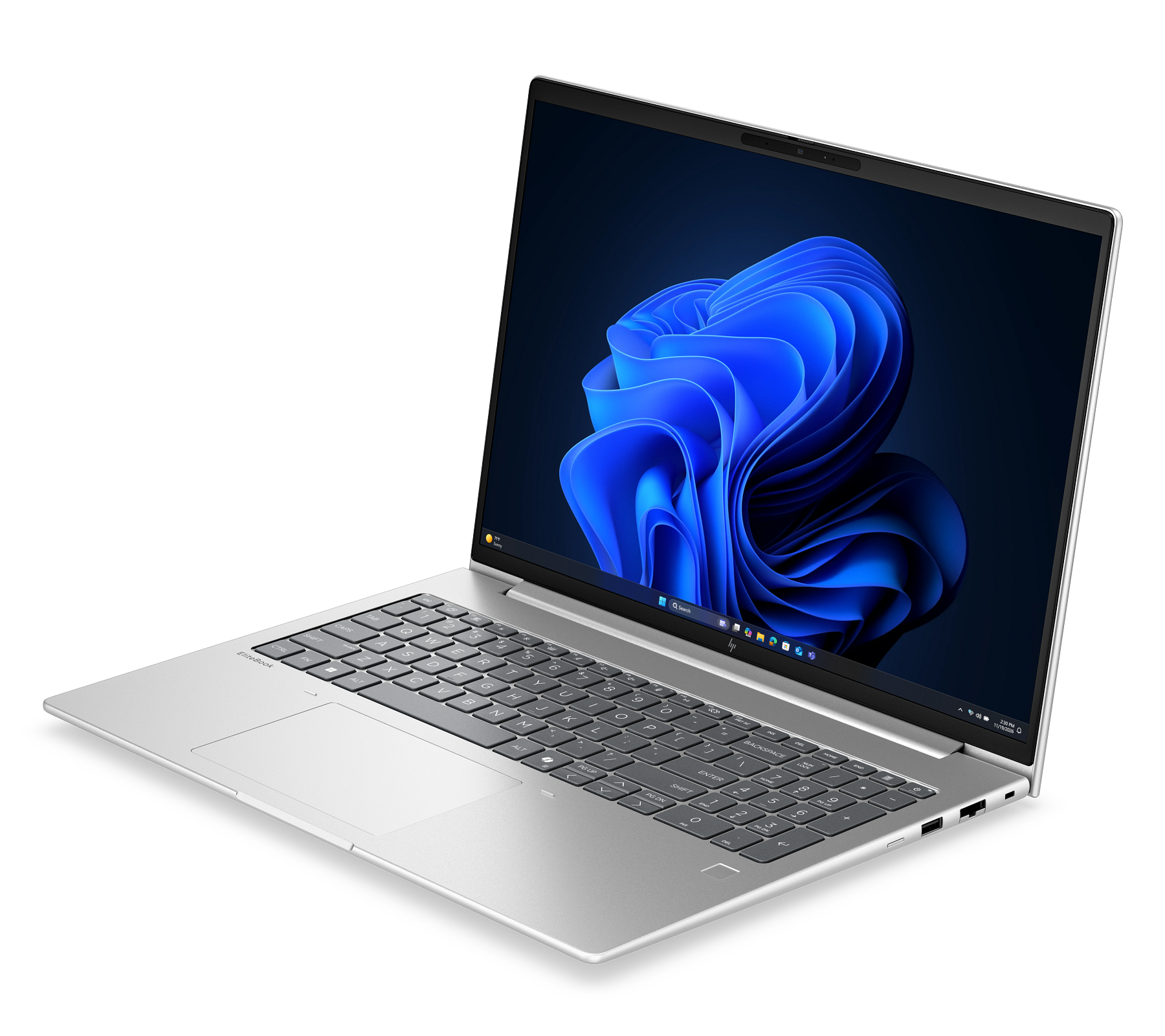 Un laptop argentato con uno sfondo blu.