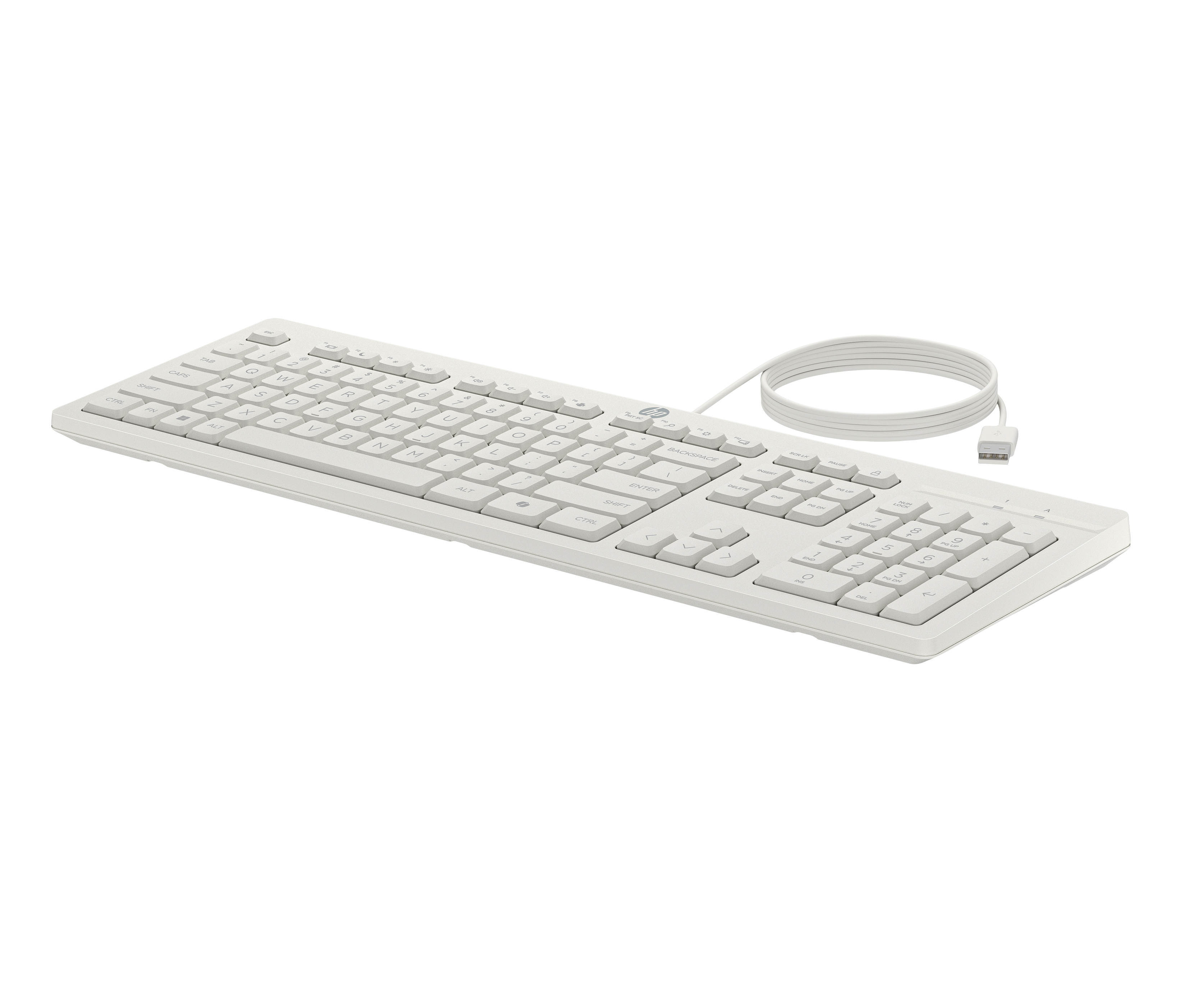 Una tastiera HP bianca con cavo USB su sfondo bianco.