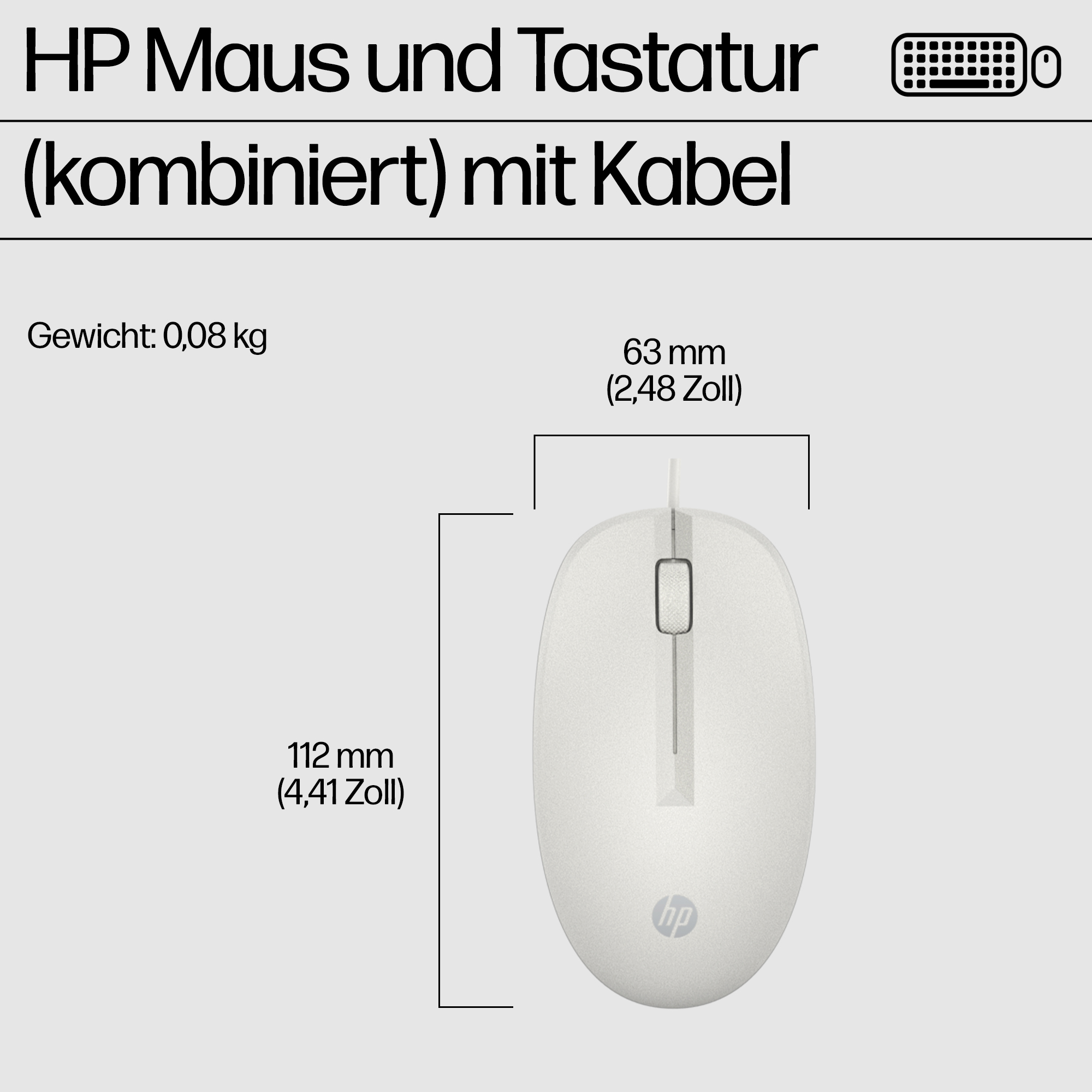 Mouse HP bianco con rotellina e etichette, dimensioni 112x63mm.