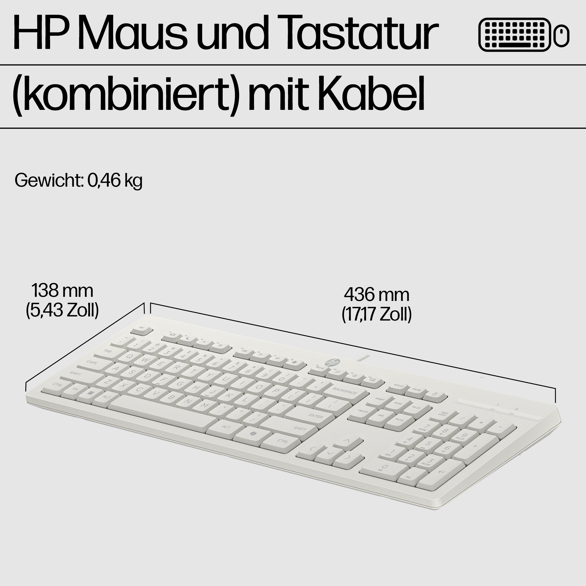 Una tastiera HP bianca con tastierino numerico e icona del mouse.