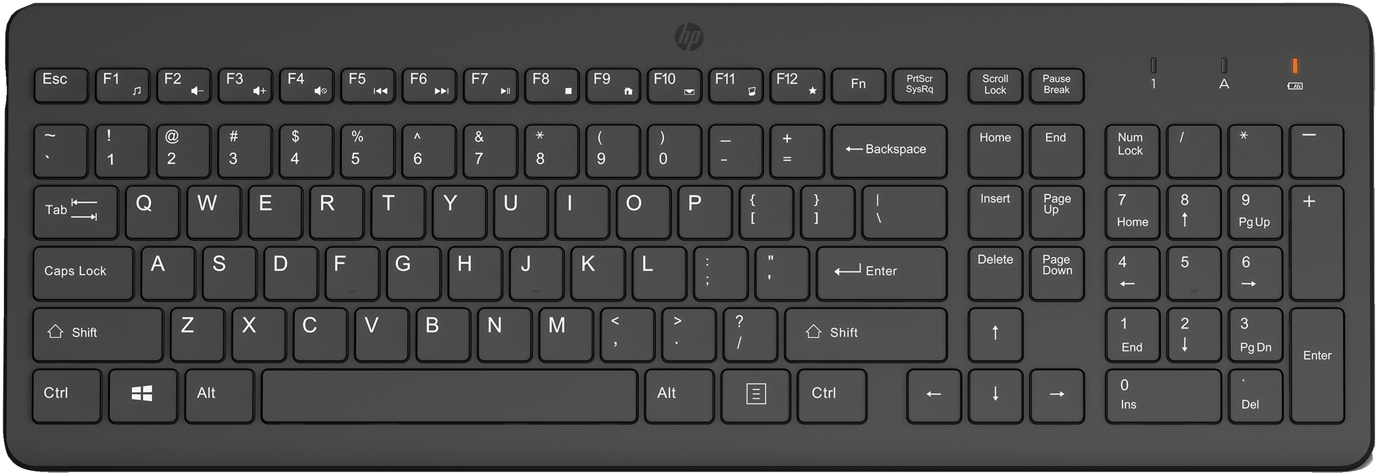 Una tastiera per computer rettangolare scura con tutti i tasti, comprese le tasti funzione.