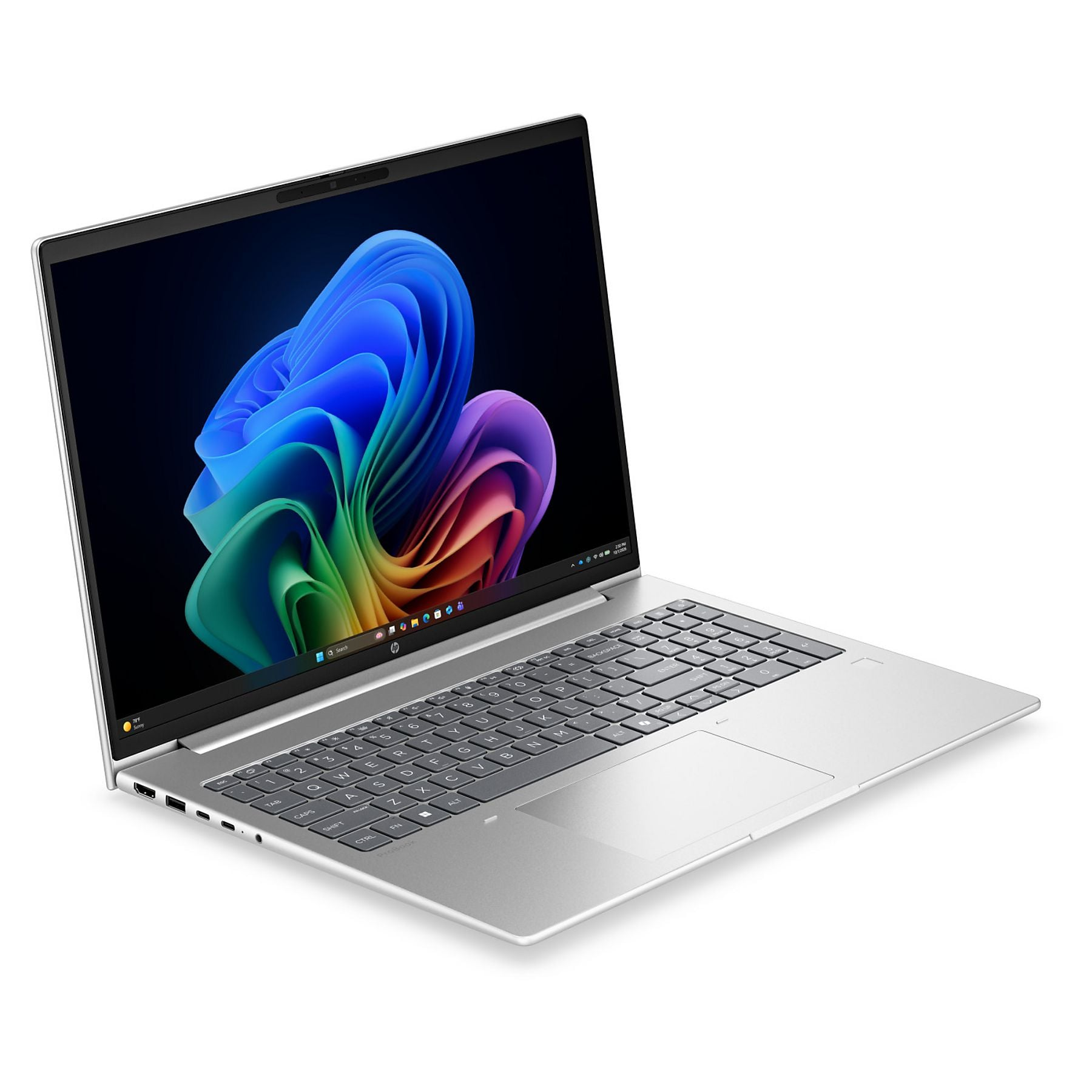 Un laptop argentato con uno sfondo colorato sullo schermo.