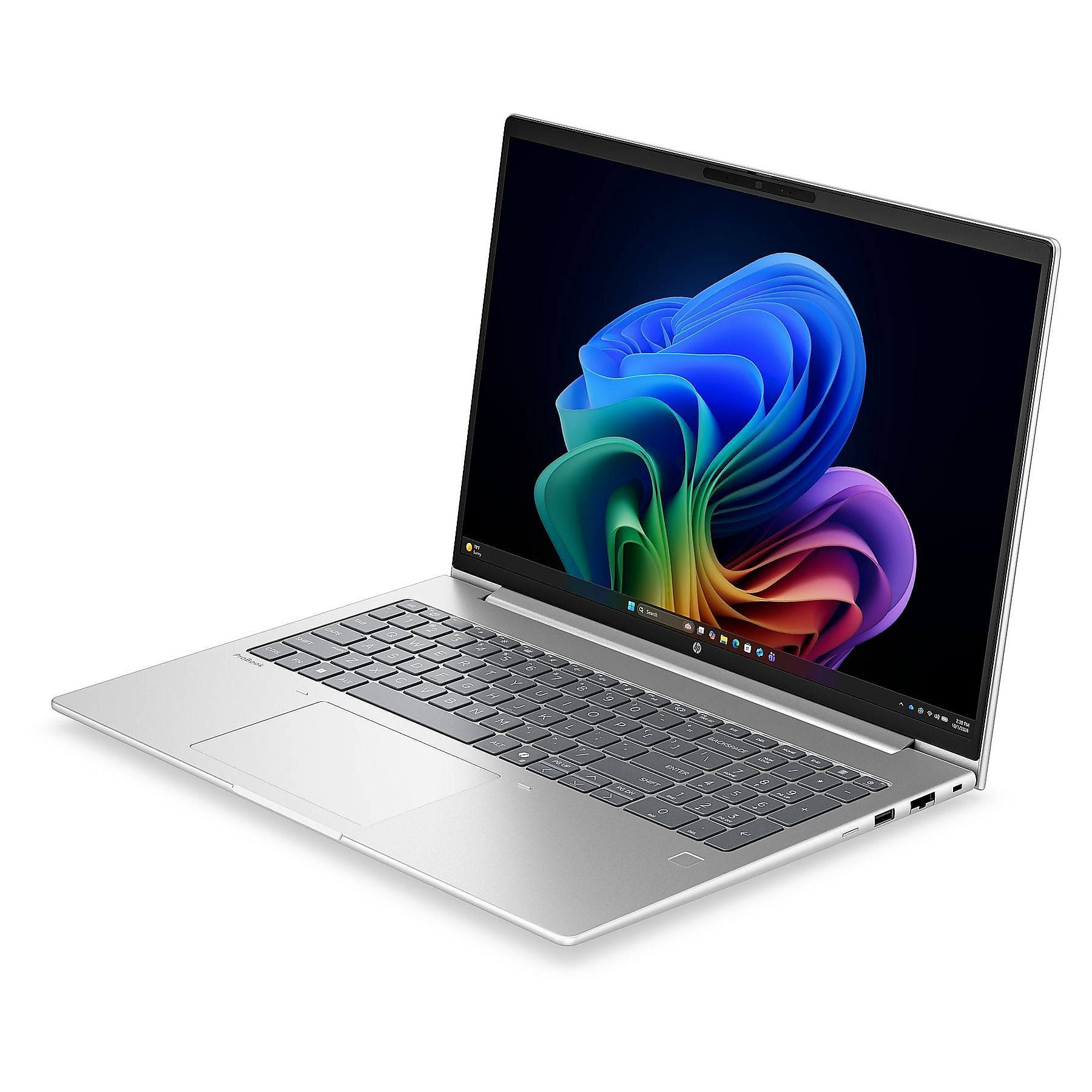 Un laptop argento con uno sfondo colorato sullo schermo.