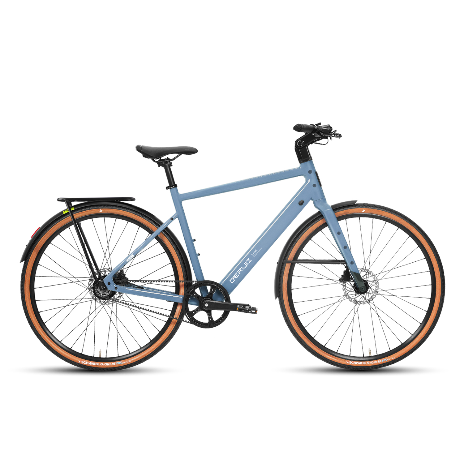 Ein hellblaues Fahrrad mit braunen Reifen und Gepäckträger.