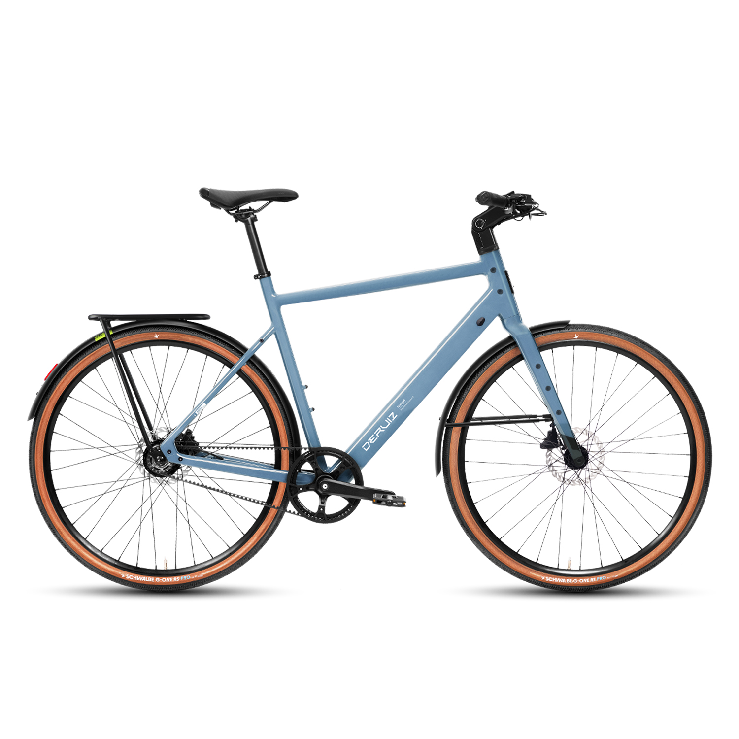 Ein hellblaues Fahrrad mit braunen Reifen und schwarzem Gepäckträger.