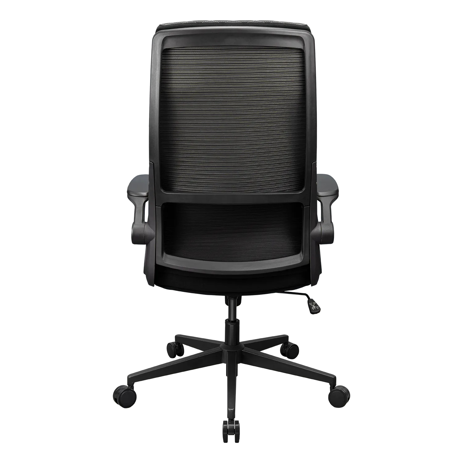 Vista posteriore di una sedia da ufficio nera con schienale in rete e ruote.