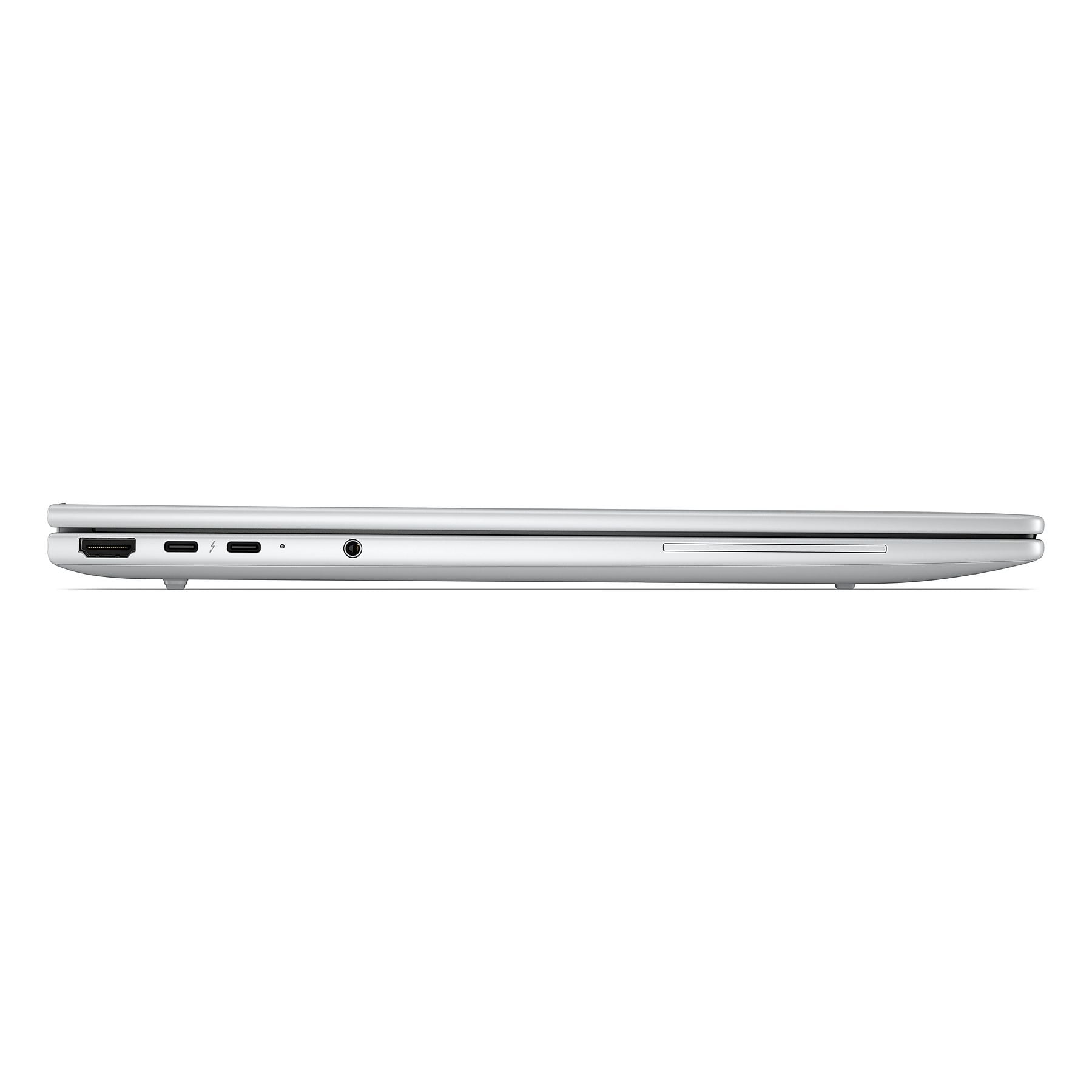 Lato di un laptop argentato chiuso che mostra porte: HDMI, Thunderbolt, cuffie.
