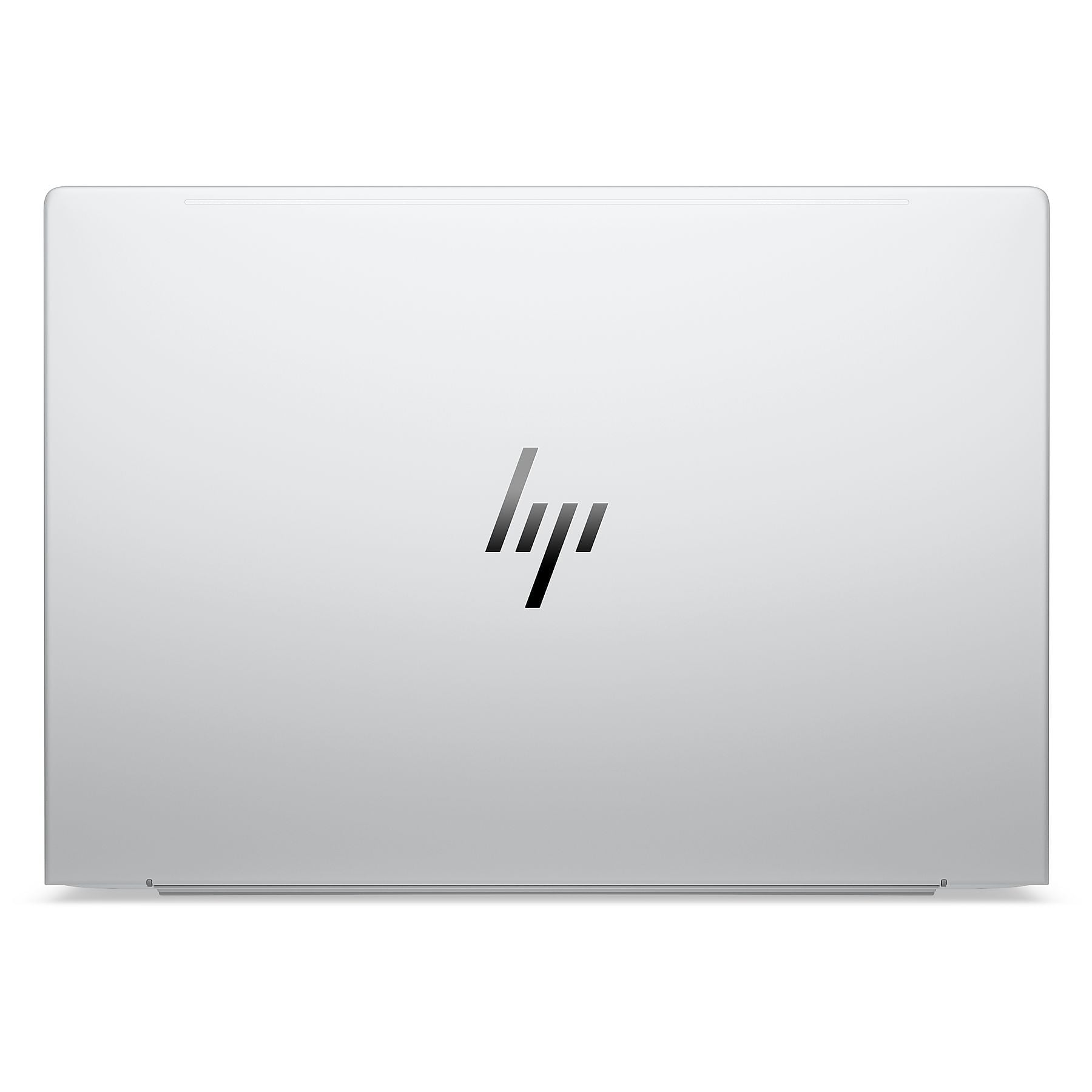 Vista posteriore di un laptop HP argentato con il logo HP al centro.