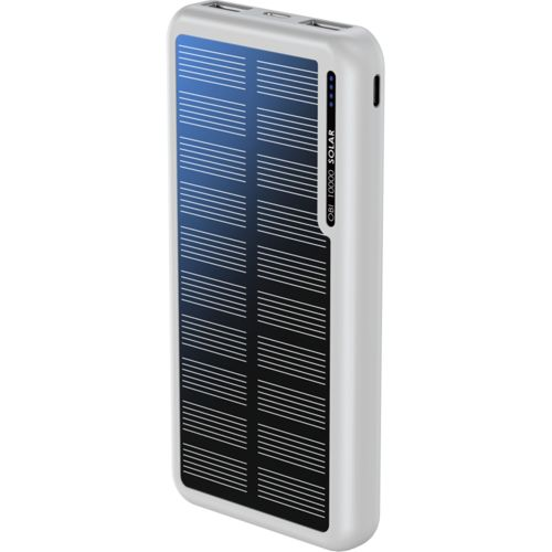 Un power bank solare bianco con pannello solare nero. Porte visibili in alto.