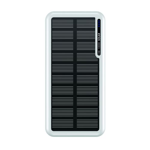 Power bank solare bianco con pannello solare nero e luci di indicatori blu.