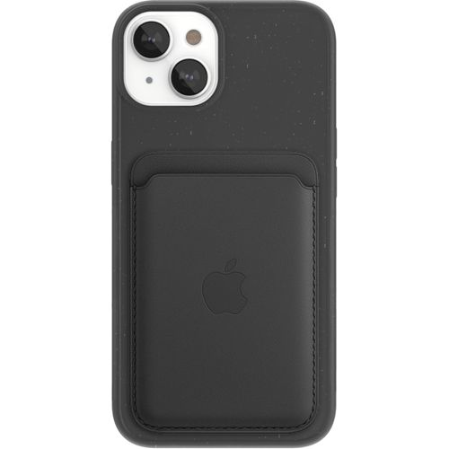 iPhone nero con due fotocamere e porta carte in pelle con logo Apple.