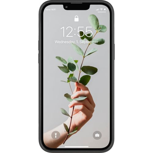 Una mano tiene un ramo verde su sfondo grigio su un telefono.