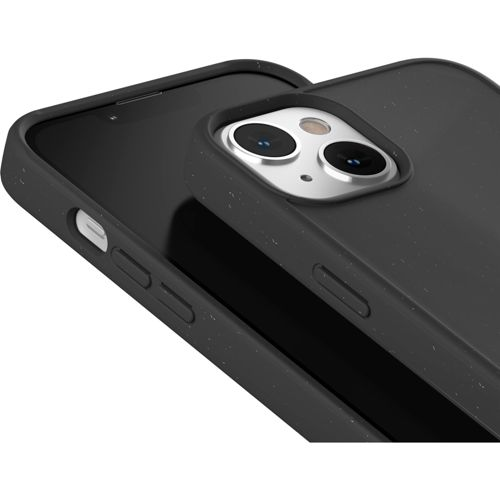 Custodia per telefono grigio scuro con ritaglio fotocamera e pulsanti laterali.