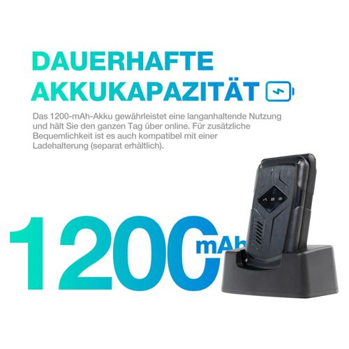 Telefono nella base di ricarica con testo "1200 mAh" e "Capacità della batteria duratura".