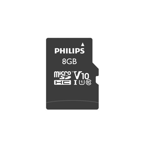 Zwarte Philips 8GB microSDHC-kaart met V10 en U10-rating.