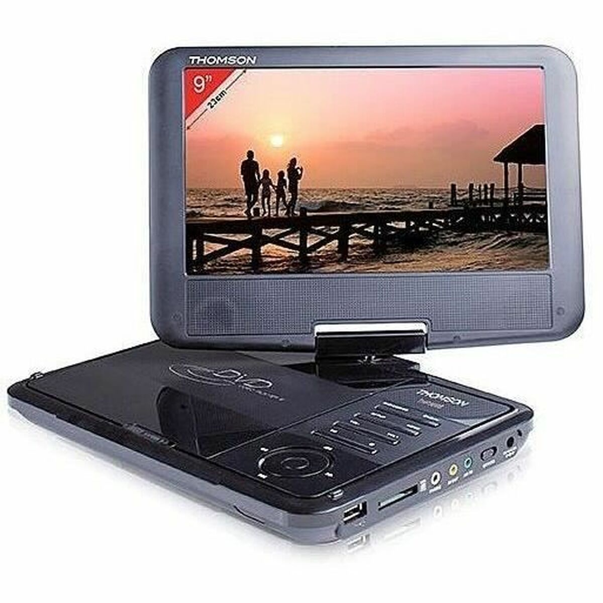 Przenośny odtwarzacz DVD z 9-calowym ekranem, pokazujący rodzinę na molo o zachodzie słońca.
